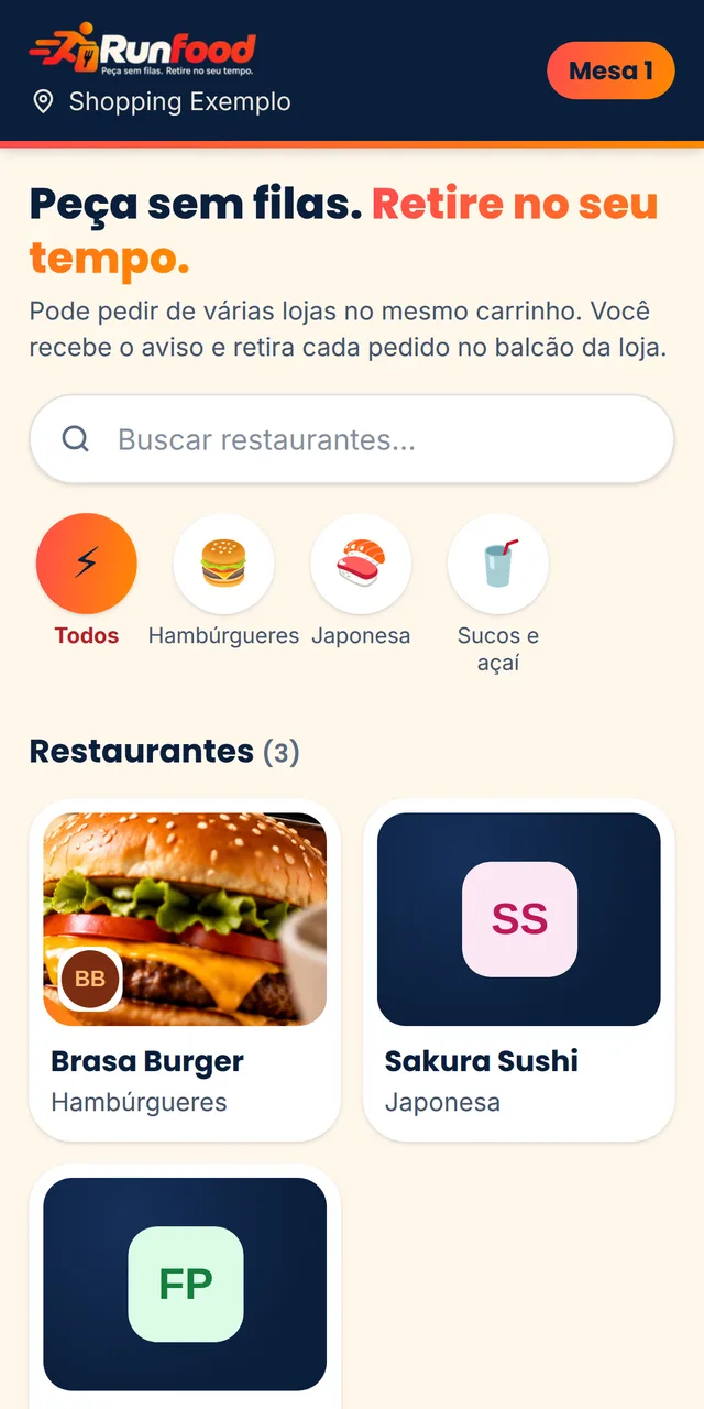 Tela do Runfood no celular: lojas do shopping, busca e categorias